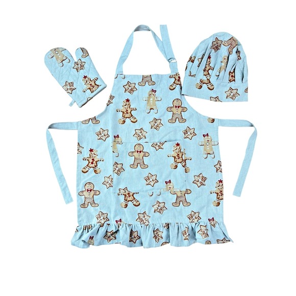 Creative Co-Op Other - Cotton Child Apron with Gingerbread Print Chef Hat Hot‎ Mitt Set of 3 One Size